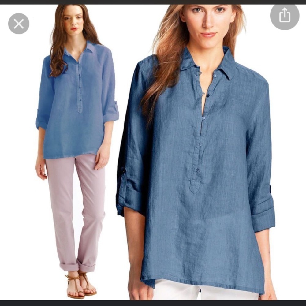 Eileen Fisher 100% irish linen peach half button long sleeve swing style shirt